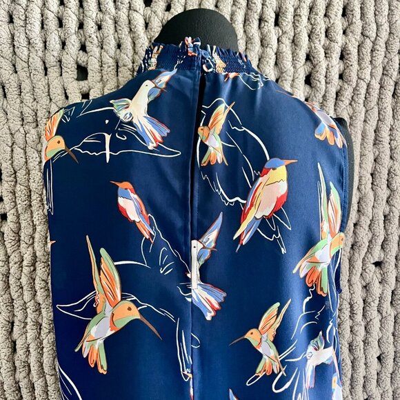 Navy Hummingbird Print Sleeveless Blouse Size M - Picture 5 of 11